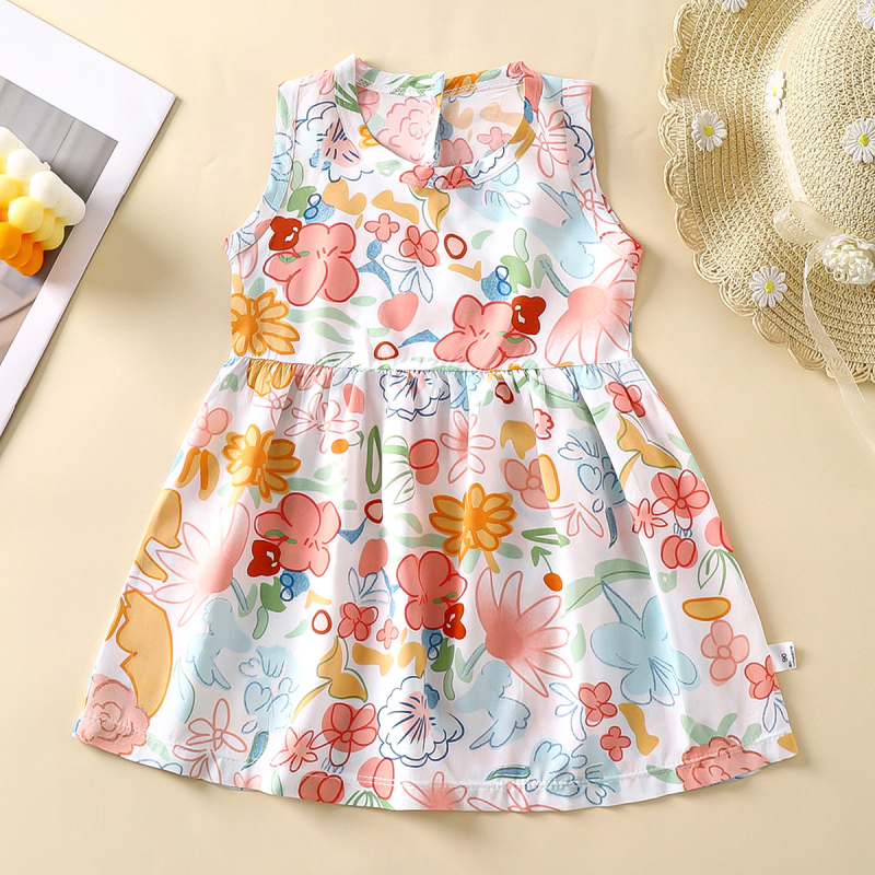 Rochie de vară pentru fetițe, în croială A-line, din material bumbac-satin, imprimeuri cu animale, desene animate, avatar și buline
