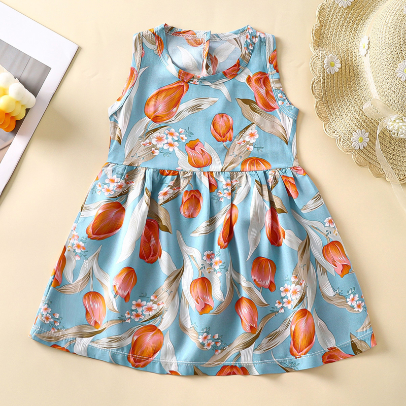 Rochie de vară pentru fetițe, în croială A-line, din material bumbac-satin, imprimeuri cu animale, desene animate, avatar și buline