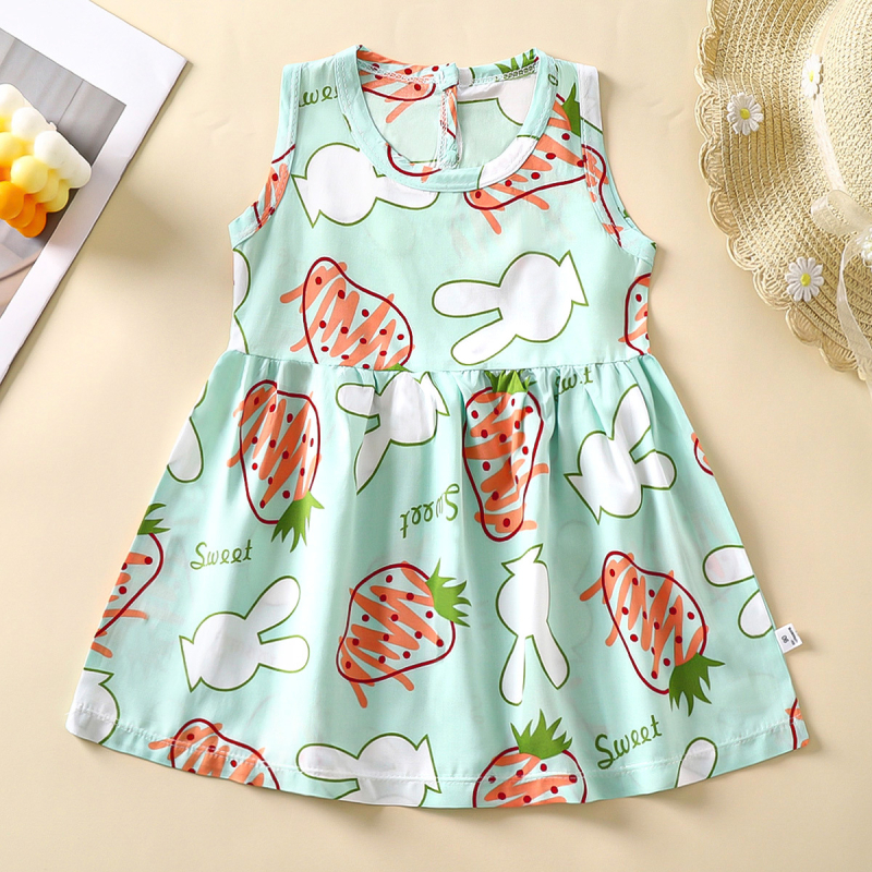 Rochie de vară pentru fetițe, în croială A-line, din material bumbac-satin, imprimeuri cu animale, desene animate, avatar și buline