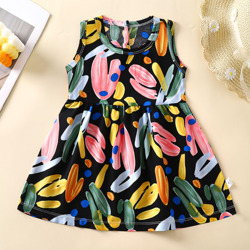 Rochie de vară pentru fetițe, în croială A-line, din material bumbac-satin, imprimeuri cu animale, desene animate, avatar și buline