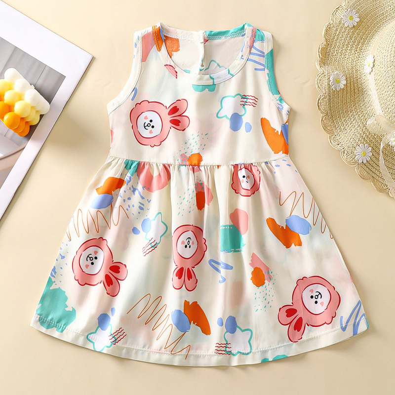Rochie de vară pentru fetițe, în croială A-line, din material bumbac-satin, imprimeuri cu animale, desene animate, avatar și buline