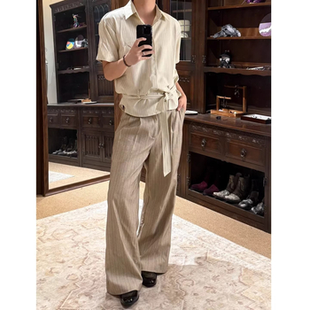 Cămașă în dungi cu nod în față, mânecă scurtă, pentru bărbați și femei, vară, croială fluidă, rezistentă la cute, stil casual Old Money, croială curată