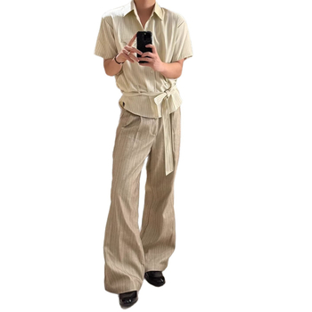 Cămașă în dungi cu nod în față, mânecă scurtă, pentru bărbați și femei, vară, croială fluidă, rezistentă la cute, stil casual Old Money, croială curată