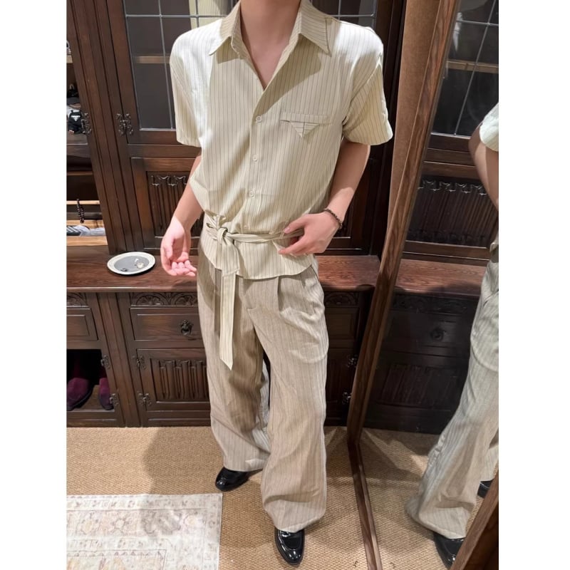 Cămașă în dungi cu nod în față, mânecă scurtă, pentru bărbați și femei, vară, croială fluidă, rezistentă la cute, stil casual Old Money, croială curată
