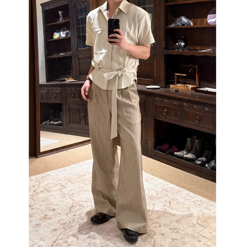 Cămașă în dungi cu nod în față, mânecă scurtă, pentru bărbați și femei, vară, croială fluidă, rezistentă la cute, stil casual Old Money, croială curată