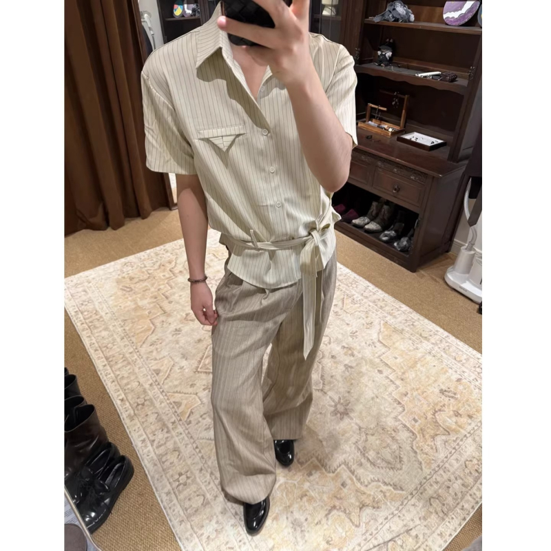 Cămașă în dungi cu nod în față, mânecă scurtă, pentru bărbați și femei, vară, croială fluidă, rezistentă la cute, stil casual Old Money, croială curată