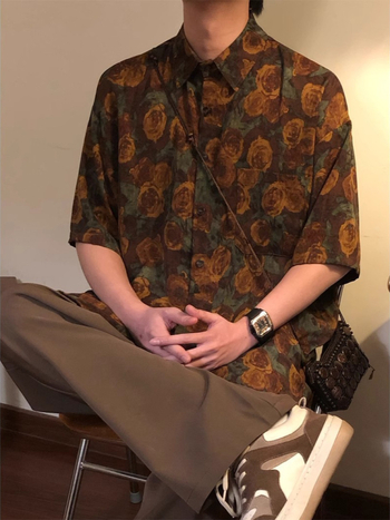 Cămașă de bărbați cu imprimeu floral all-over, mâneci scurte, guler rever, design premium primăvara 2025, retro american