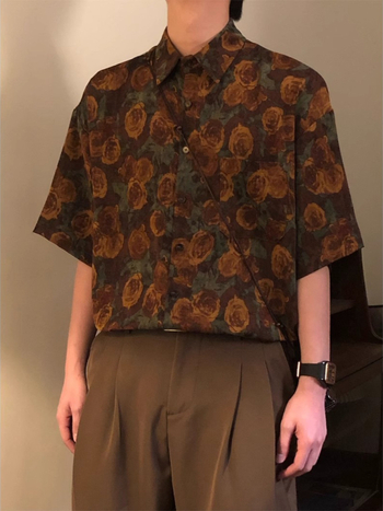 Cămașă de bărbați cu imprimeu floral all-over, mâneci scurte, guler rever, design premium primăvara 2025, retro american