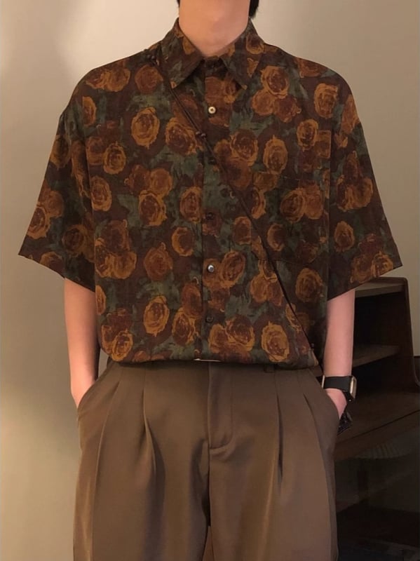 Cămașă de bărbați cu imprimeu floral all-over, mâneci scurte, guler rever, design premium primăvara 2025, retro american