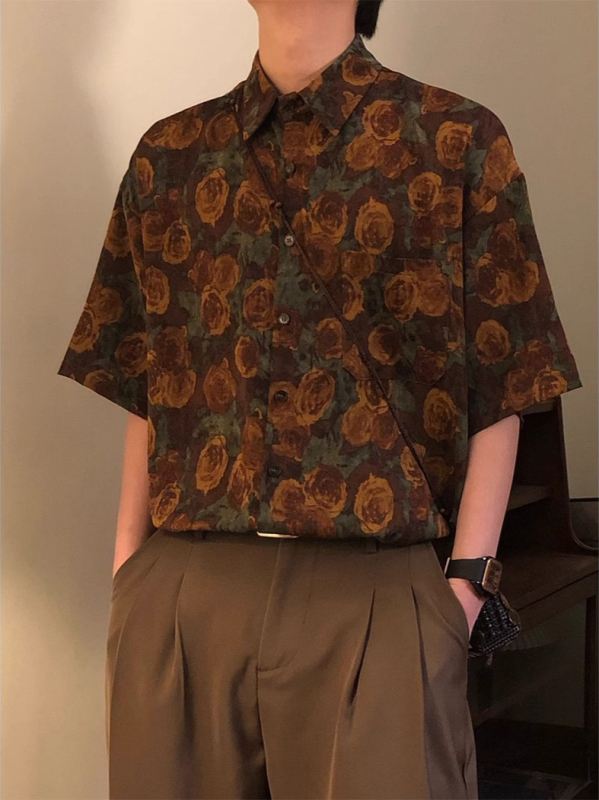 Cămașă de bărbați cu imprimeu floral all-over, mâneci scurte, guler rever, design premium primăvara 2025, retro american
