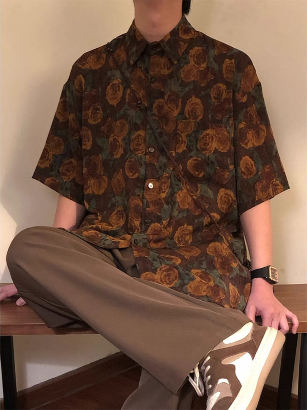 Cămașă de bărbați cu imprimeu floral all-over, mâneci scurte, guler rever, design premium primăvara 2025, retro american