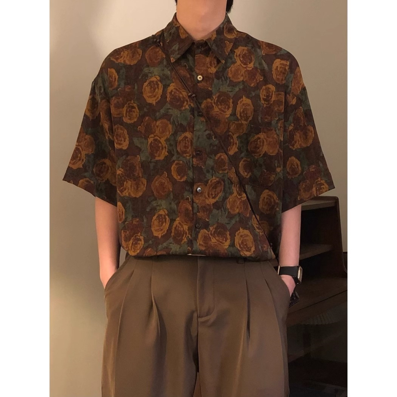 Cămașă de bărbați cu imprimeu floral all-over, mâneci scurte, guler rever, design premium primăvara 2025, retro american