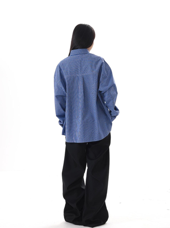 Cămașă albastru-carouri în stil american retro, mânecă lungă, pentru bărbați, croială lejeră, casual, cămașă-jachetă pentru primăvară și toamnă