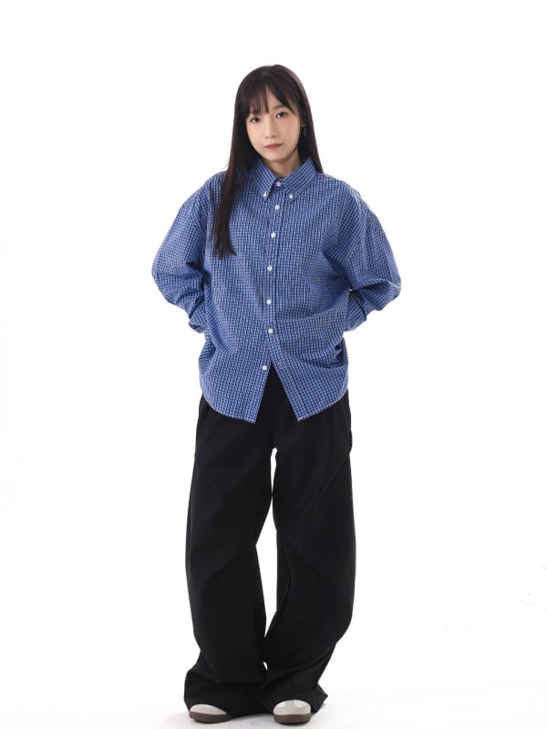 Cămașă albastru-carouri în stil american retro, mânecă lungă, pentru bărbați, croială lejeră, casual, cămașă-jachetă pentru primăvară și toamnă