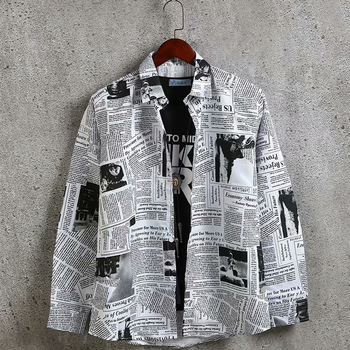 Cămașă bărbătească cu design inspirat de influenceri, stil coreean, croială lejeră, imprimeu tip ziar, inspirație Hong Kong