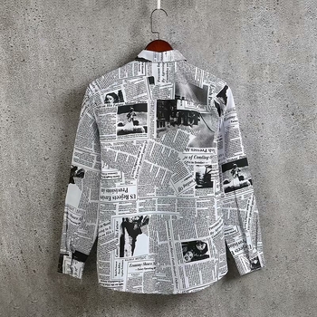 Cămașă bărbătească cu design inspirat de influenceri, stil coreean, croială lejeră, imprimeu tip ziar, inspirație Hong Kong