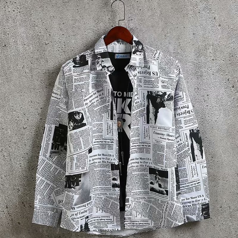 Cămașă bărbătească cu design inspirat de influenceri, stil coreean, croială lejeră, imprimeu tip ziar, inspirație Hong Kong