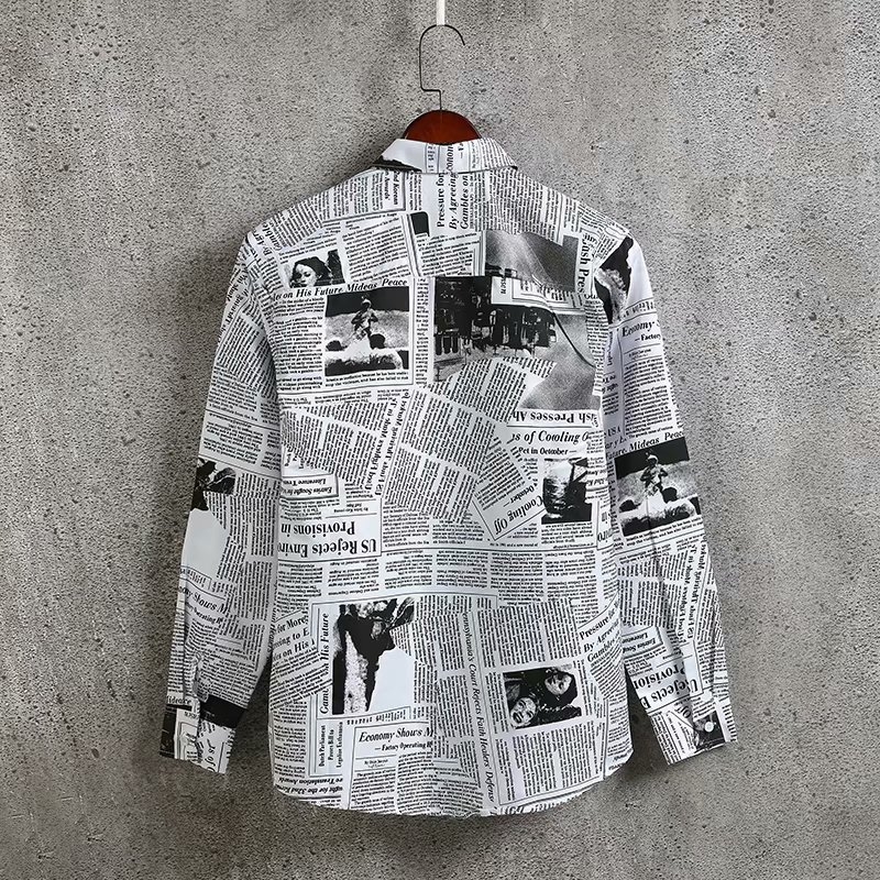 Cămașă bărbătească cu design inspirat de influenceri, stil coreean, croială lejeră, imprimeu tip ziar, inspirație Hong Kong