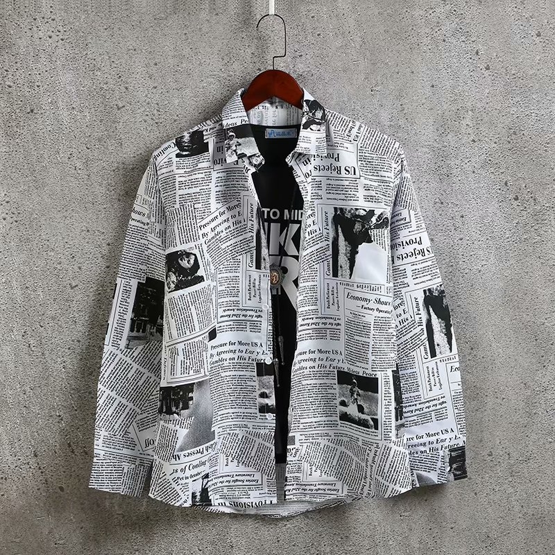 Cămașă bărbătească cu design inspirat de influenceri, stil coreean, croială lejeră, imprimeu tip ziar, inspirație Hong Kong