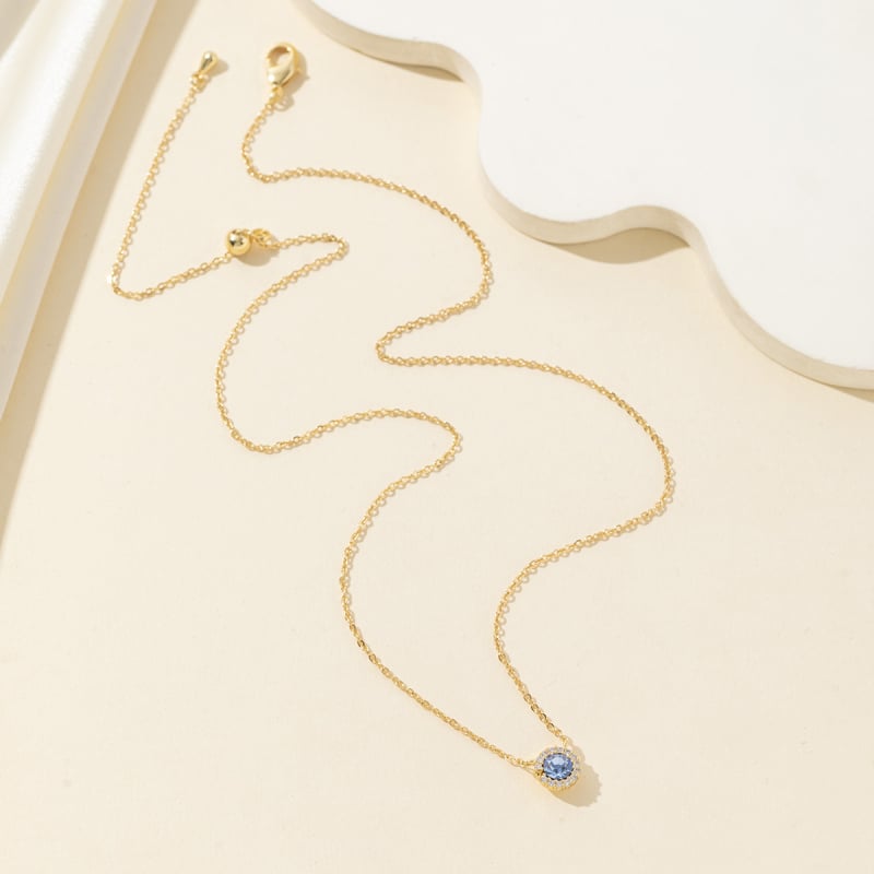 Colier feminin cu zirconiu albastru rotund, cupru placat în nuanță aur 18K, stil simplu