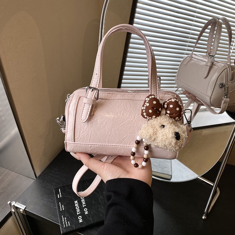 Geantă din PU piele, finisaj ulei-ceară, stil coreean, formă de pernă, mică geantă Boston pentru umăr sau crossbody, modă 2026.