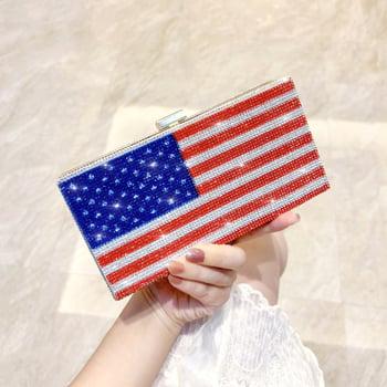 Geantă de seară cu cristale în model de steag, stil european-american, curea lanț, de purtat în mână sau crossbody, mică formă pătrată