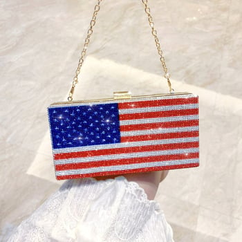 Geantă de seară cu cristale în model de steag, stil european-american, curea lanț, de purtat în mână sau crossbody, mică formă pătrată