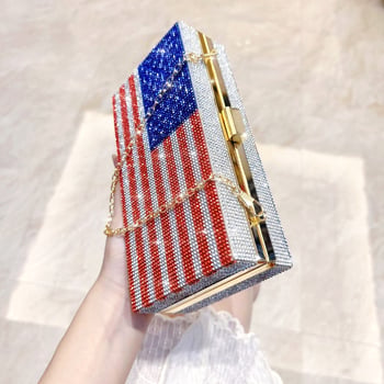 Geantă de seară cu cristale în model de steag, stil european-american, curea lanț, de purtat în mână sau crossbody, mică formă pătrată