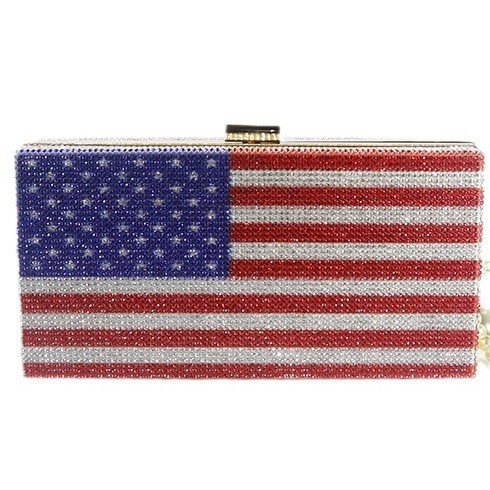 Geantă de seară cu cristale în model de steag, stil european-american, curea lanț, de purtat în mână sau crossbody, mică formă pătrată