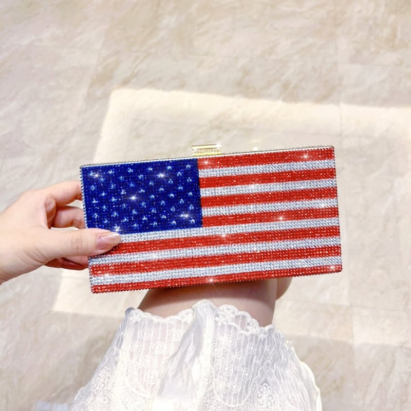 Geantă de seară cu cristale în model de steag, stil european-american, curea lanț, de purtat în mână sau crossbody, mică formă pătrată