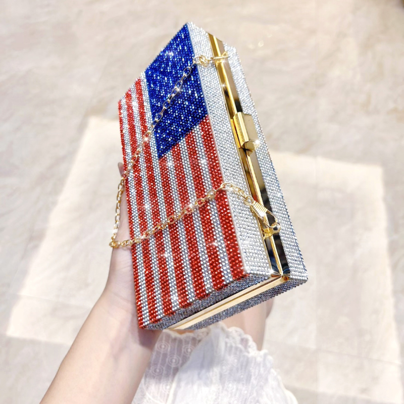 Geantă de seară cu cristale în model de steag, stil european-american, curea lanț, de purtat în mână sau crossbody, mică formă pătrată