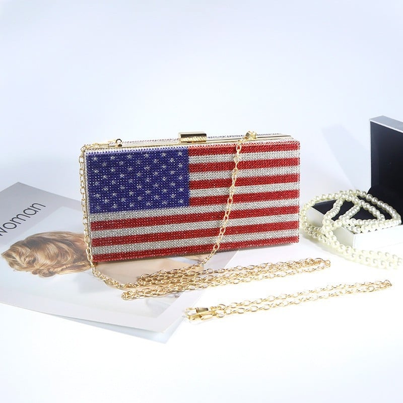 Geantă de seară cu cristale în model de steag, stil european-american, curea lanț, de purtat în mână sau crossbody, mică formă pătrată
