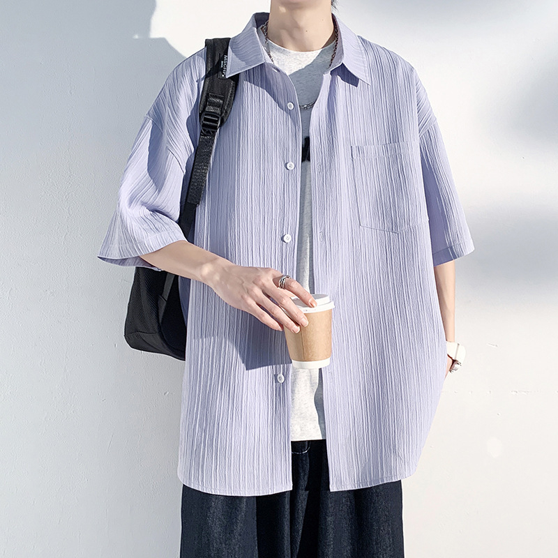 Cămașă de bărbați din mătase de gheață, cu mânecă scurtă, lejeră, pentru vară, uni, casuală și la modă