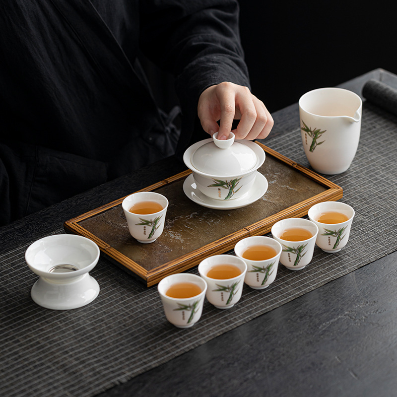 Set gaiwan din porțelan alb Dehua cu logo personalizat – ambalaj cadou, stil modern minimalist