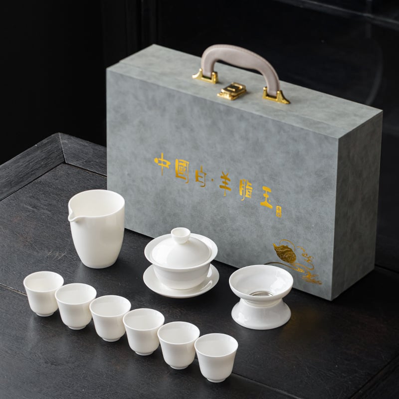 Set gaiwan din porțelan alb Dehua cu logo personalizat – ambalaj cadou, stil modern minimalist