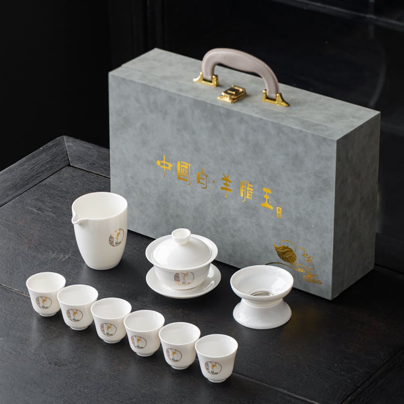 Set gaiwan din porțelan alb Dehua cu logo personalizat – ambalaj cadou, stil modern minimalist