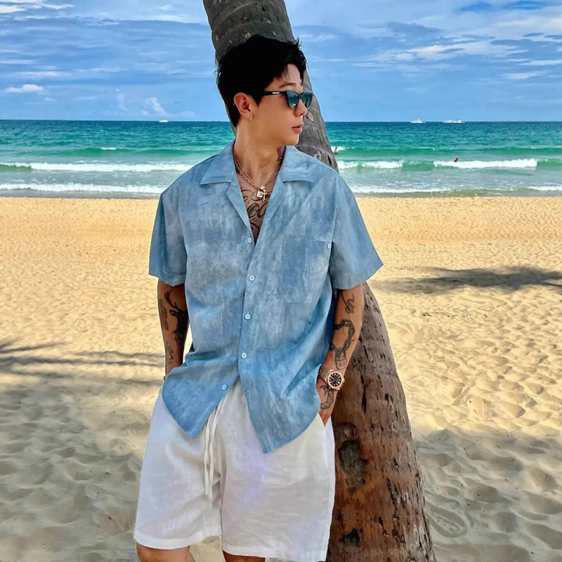 Cămașă scurtă de bărbați cu tie-dye și guler cubanez – stil casual de vară pentru plajă