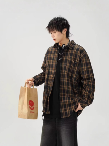 Cămașă bărbătească în carouri contrastante, primăvară, stil street american, mâneci lungi, oversize retro