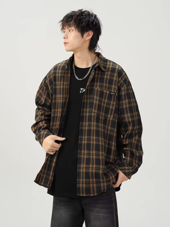 Cămașă bărbătească în carouri contrastante, primăvară, stil street american, mâneci lungi, oversize retro