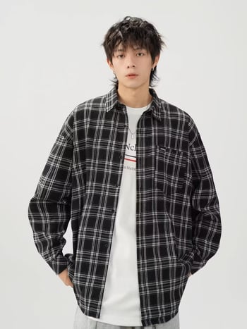 Cămașă bărbătească în carouri contrastante, primăvară, stil street american, mâneci lungi, oversize retro