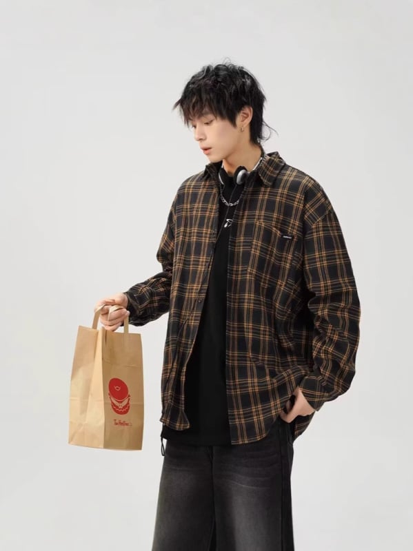 Cămașă bărbătească în carouri contrastante, primăvară, stil street american, mâneci lungi, oversize retro