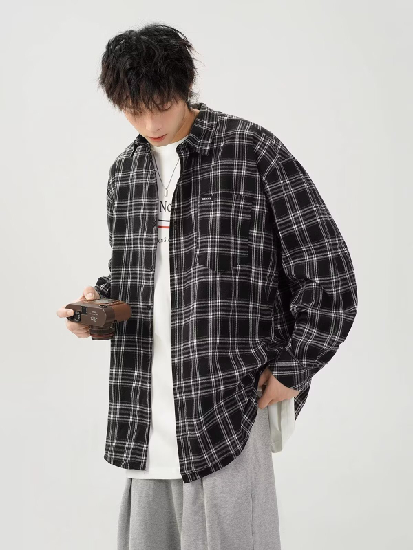 Cămașă bărbătească în carouri contrastante, primăvară, stil street american, mâneci lungi, oversize retro
