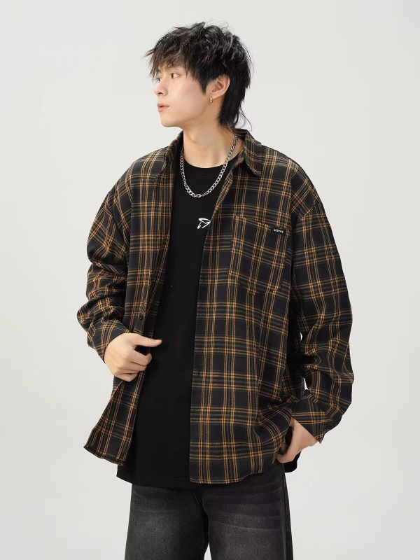 Cămașă bărbătească în carouri contrastante, primăvară, stil street american, mâneci lungi, oversize retro