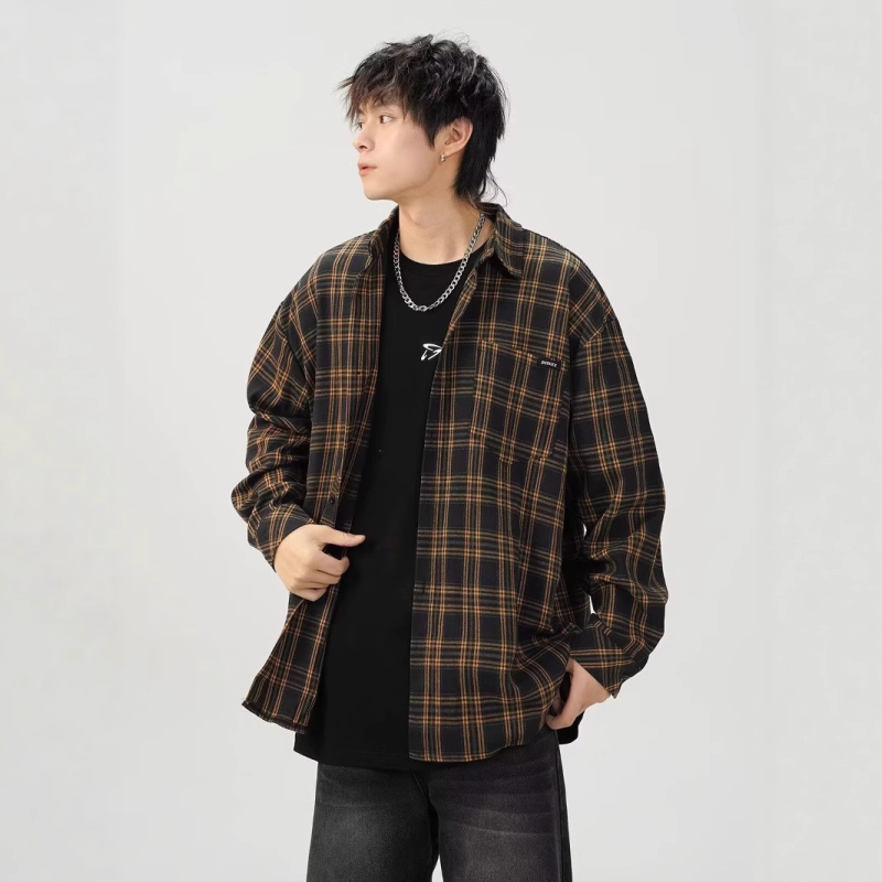 Cămașă bărbătească în carouri contrastante, primăvară, stil street american, mâneci lungi, oversize retro