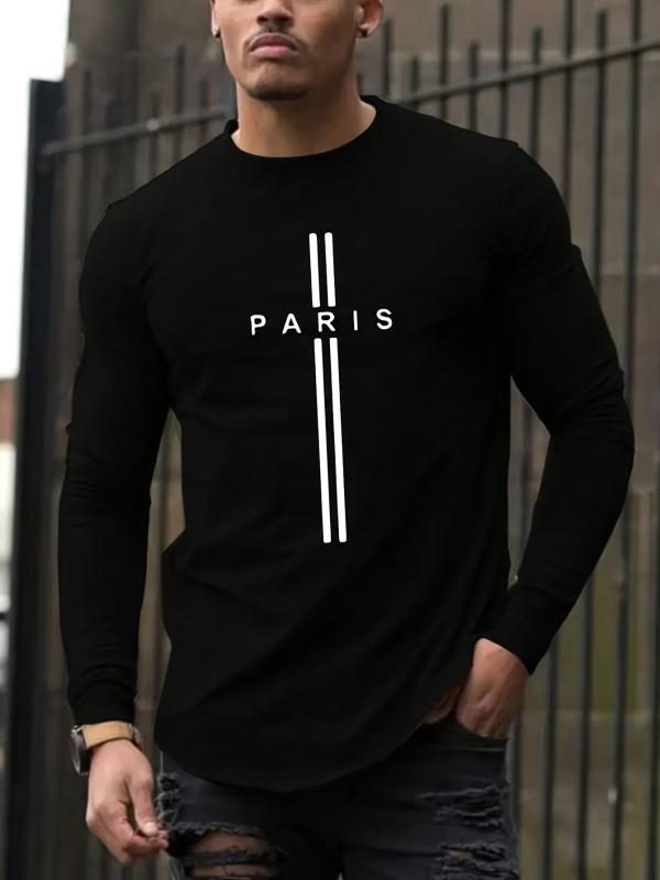 Tricou cu mânecă lungă din bumbac pentru bărbați, croială lejeră, guler rotund, casual, respirabil și elastic