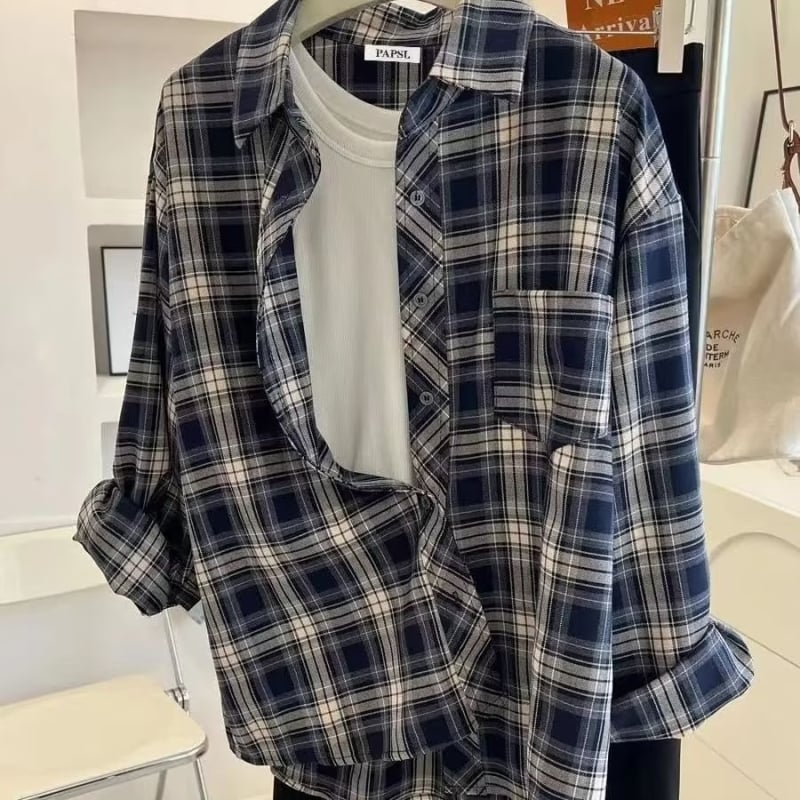 Cămașă bărbătească în carouri, mânecă lungă, croială lejeră, 2024 stil retro american casual, versatil