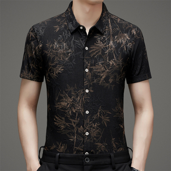 Cămașă cu stil chinezesc, broderie jacquard din ice silk, mânecă scurtă, vară, imprimeu floral, casual-business, croială lejeră
