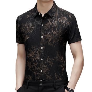 Cămașă cu stil chinezesc, broderie jacquard din ice silk, mânecă scurtă, vară, imprimeu floral, casual-business, croială lejeră