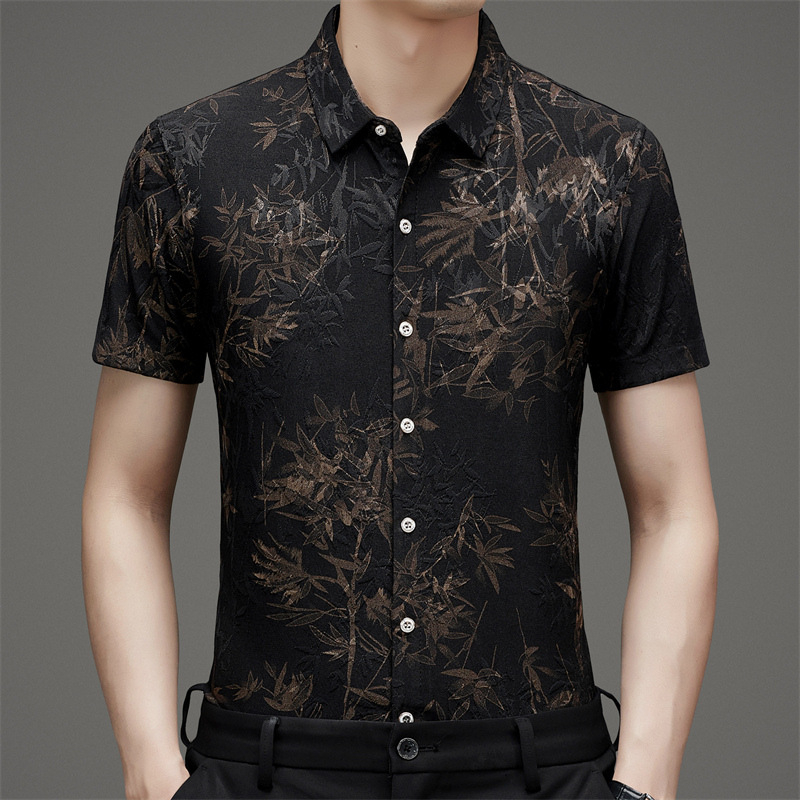 Cămașă cu stil chinezesc, broderie jacquard din ice silk, mânecă scurtă, vară, imprimeu floral, casual-business, croială lejeră