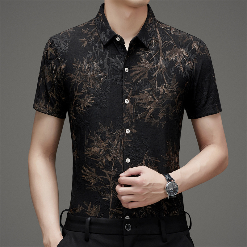 Cămașă cu stil chinezesc, broderie jacquard din ice silk, mânecă scurtă, vară, imprimeu floral, casual-business, croială lejeră